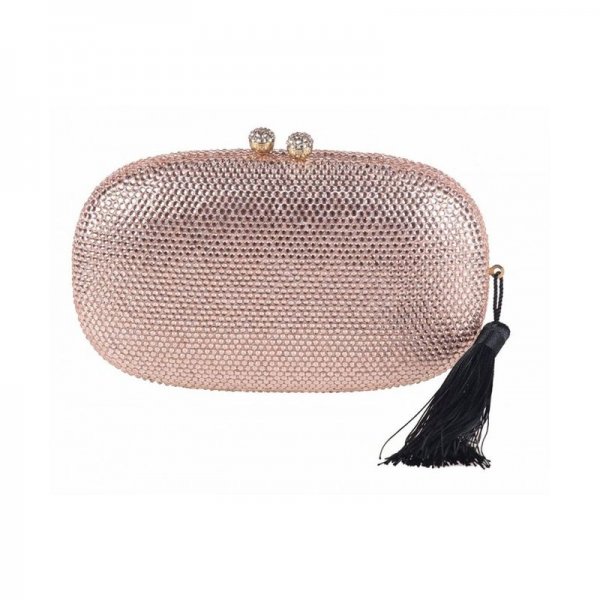 RHINESTONE CRYSTAL OVAL HARD BOX BRIDAL WEDDING EVENING CLUTCH WITH TASSEL - ROSE GOLD