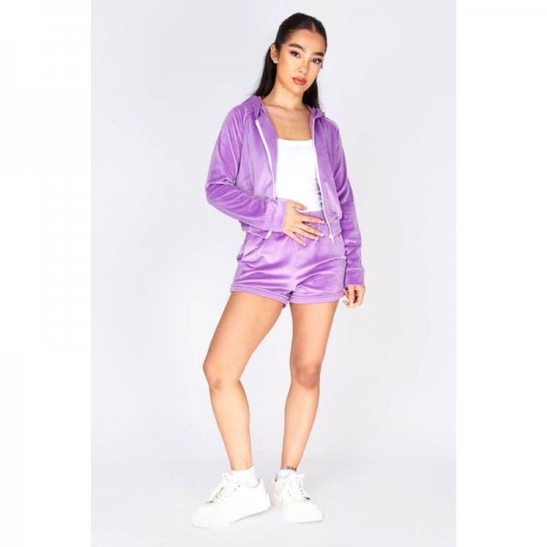 Purple Velour Cropped Jacket And Short Set