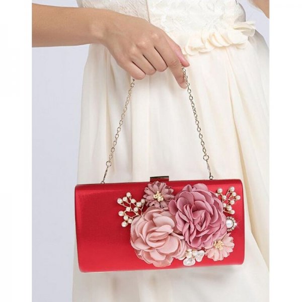 WOMEN LARGE CAPACITY FLORA EVENING PARTY BAGS CLUTCH PURSE VINTAGE WEDDING HANDBAGS WALLET - RED