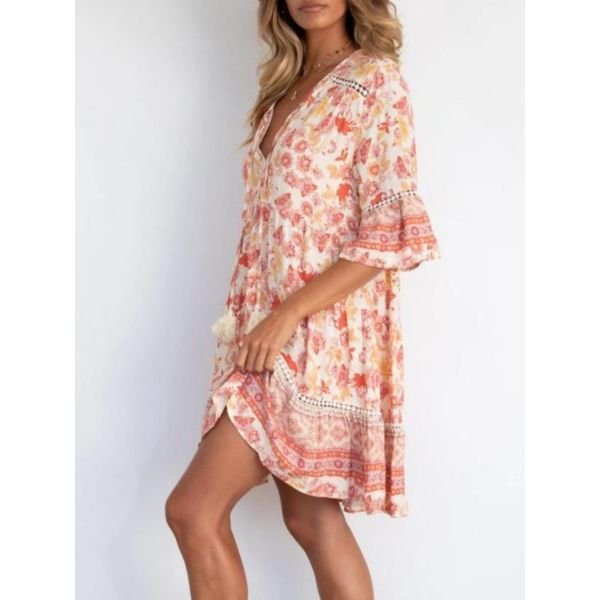 Charming V-Neck Printed Mini Dress