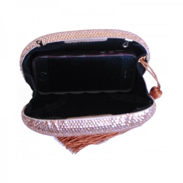 RHINESTONE CRYSTAL OVAL HARD BOX BRIDAL WEDDING EVENING CLUTCH WITH TASSEL - ROSE GOLD