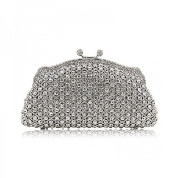 WOMEN EVENING BAG VINTAGE GILLTER CRYSTAL RHINSTONE CLUTCHES PURSE FOR BANQUET - SILVER-PU