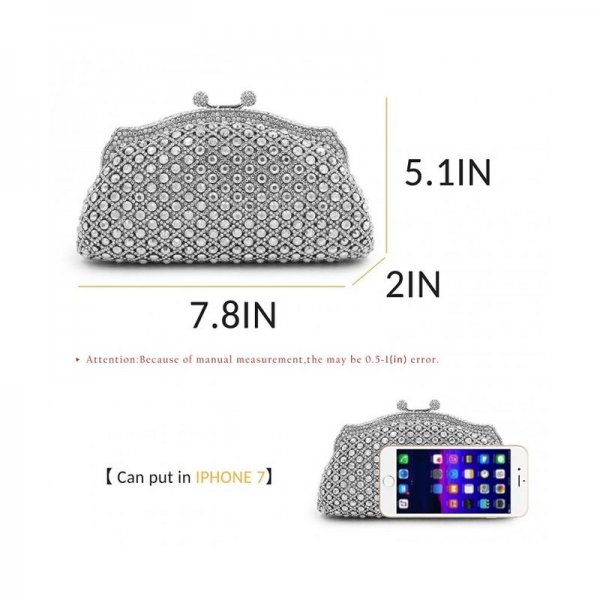 WOMEN EVENING BAG VINTAGE GILLTER CRYSTAL RHINSTONE CLUTCHES PURSE FOR BANQUET - SILVER-PU