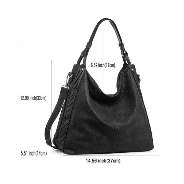 WOMEN HANDBAGS HOBO PURSE TOP-HANDLE SHOULDER BAGS PU LEATHER ZIPPER TOTE BAGS - BLACK