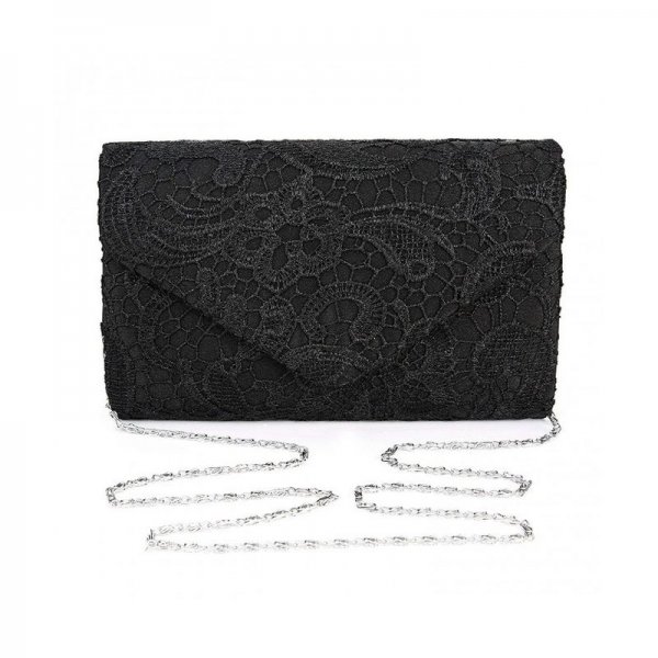 WOMEN'S ELEGANT FLORAL LACE ENVELOPE CLUTCH EVENING PROM HANDBAG PURSE - BLACK