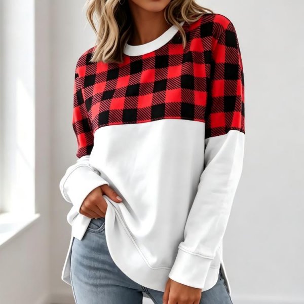 Comfy Round Neck Check Print Top