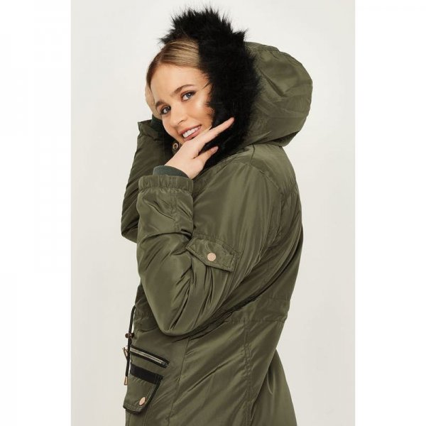 Khaki Luxe Pu Trim Parka