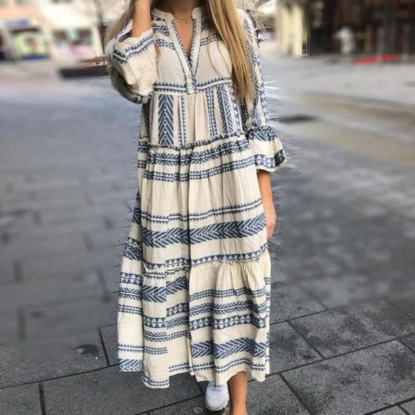 Casual Print V-Neck Midi Dress