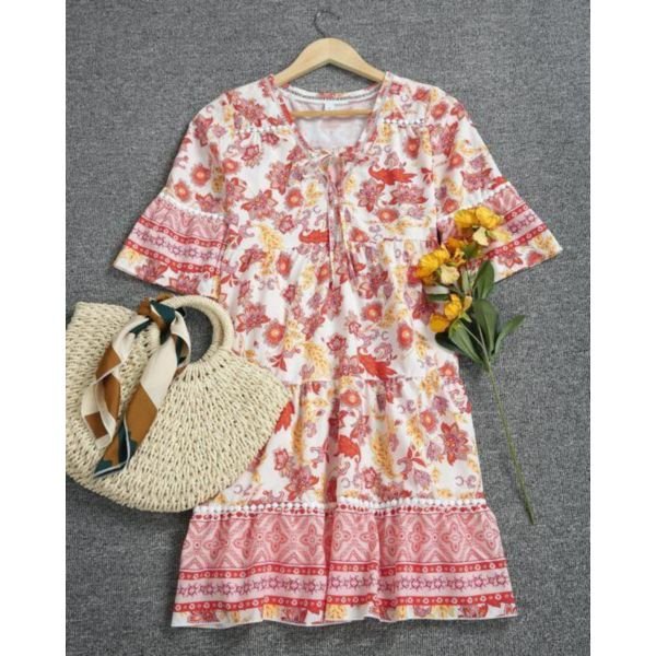 Charming V-Neck Printed Mini Dress