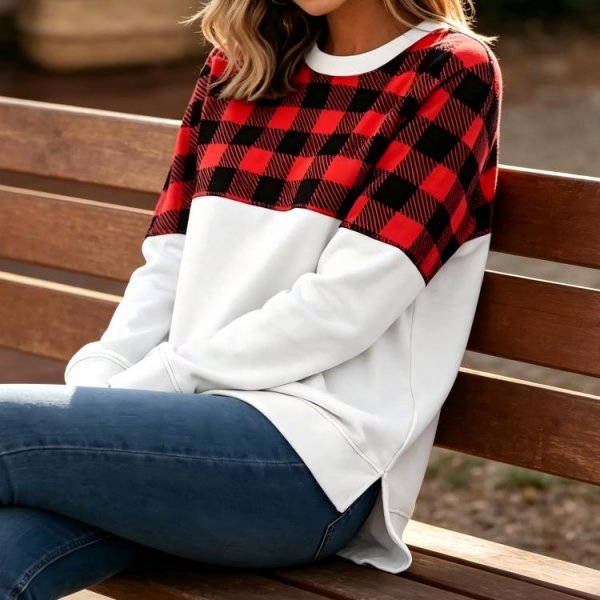 Comfy Round Neck Check Print Top