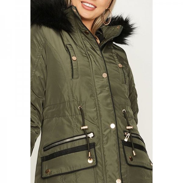 Khaki Luxe Pu Trim Parka