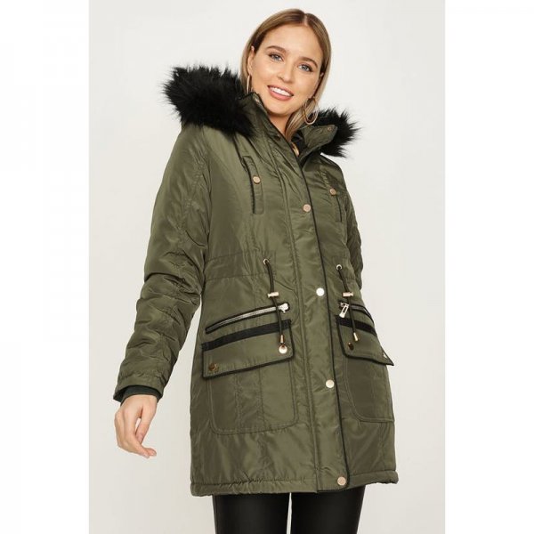 Khaki Luxe Pu Trim Parka